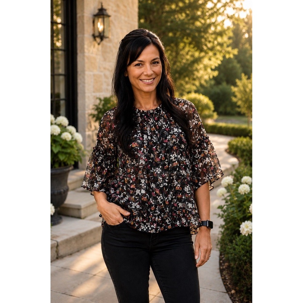 Joie‎ Silk Floral Ruffle Blouse Womens Small Black Pink Boho Sheer Top NWOT $248